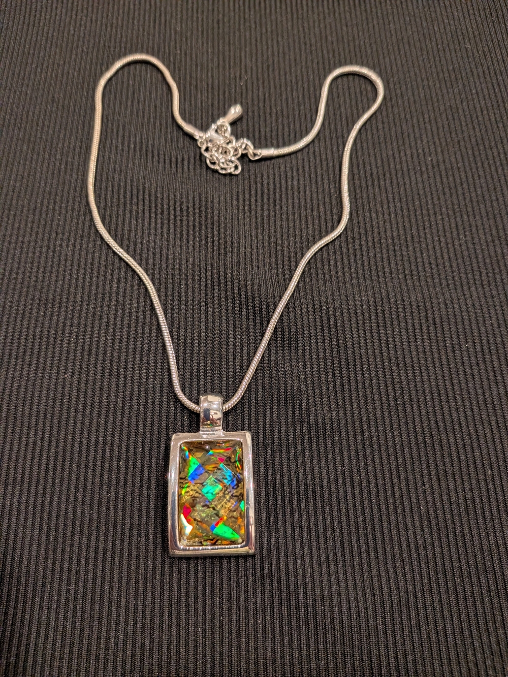 Silver-Tone Rectangular Dichroic Glass Pendant Necklace - Multicolor  2000s